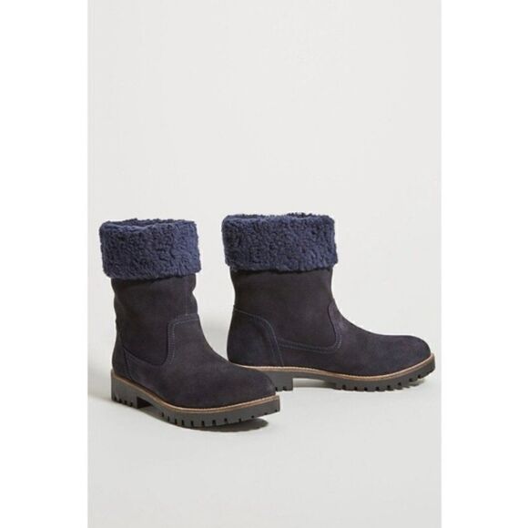 NEW Anthropologie Louise Navy Sherpa-Cuffed Suede Pull-On Ankle Boots Size 40 - Picture 1 of 4
